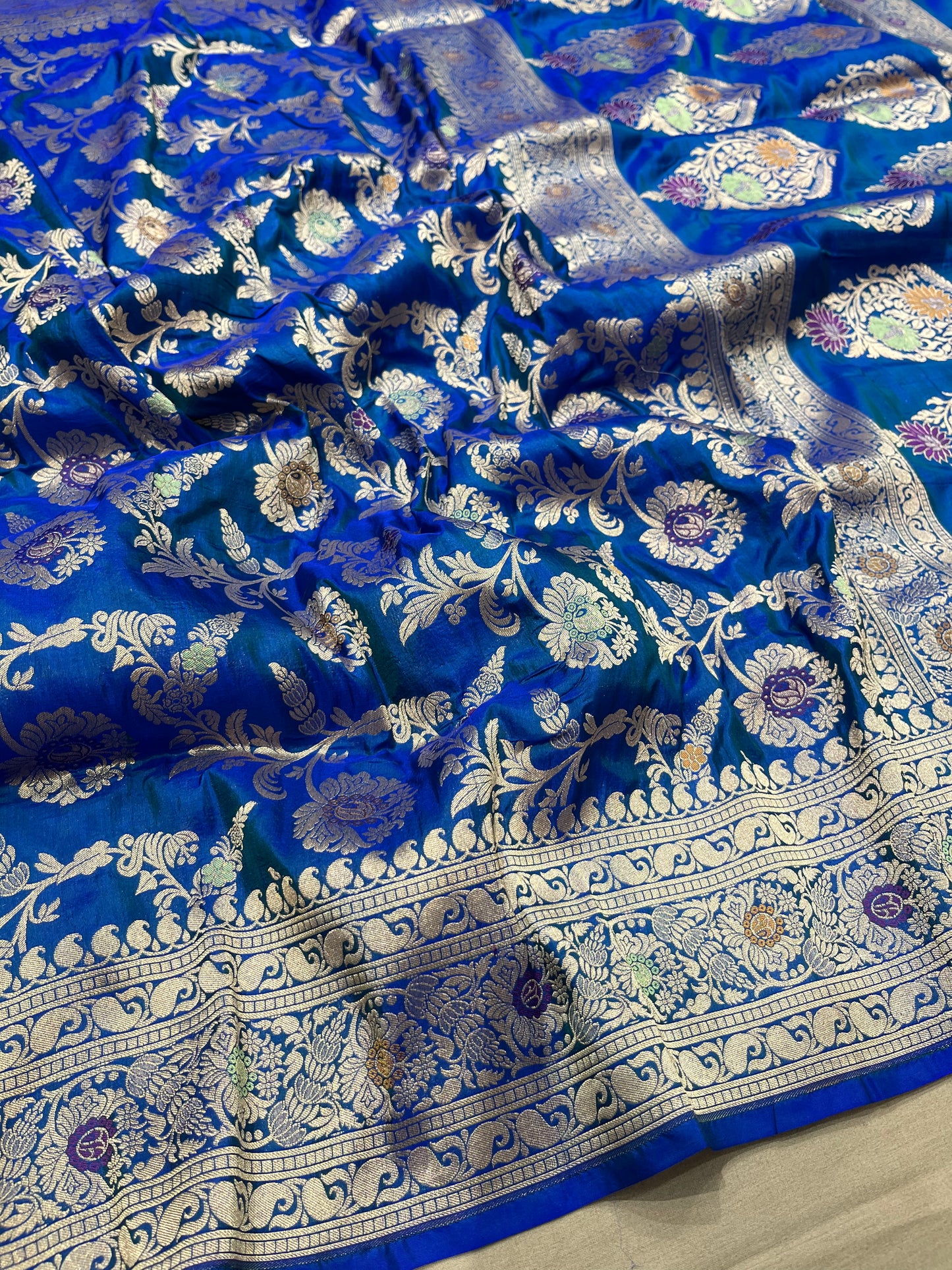 Peacock blue minakari pure silk saree